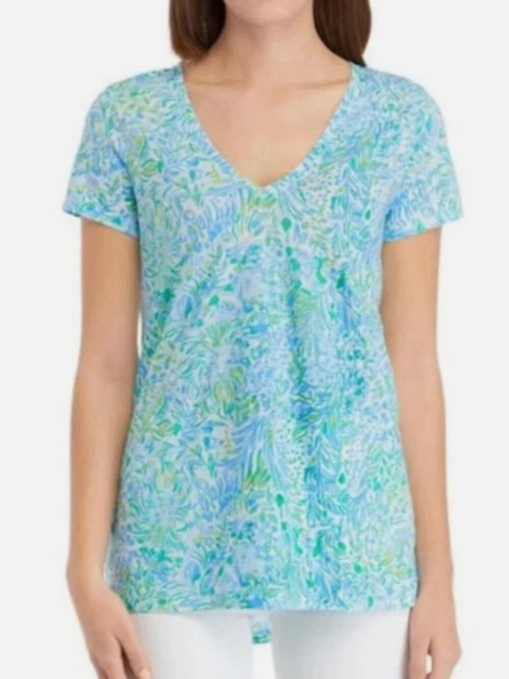 Lilly Pulitzer Women's L Etta V-Neck Top Short Sleeve Dandy Lions Hydra Blue NWT